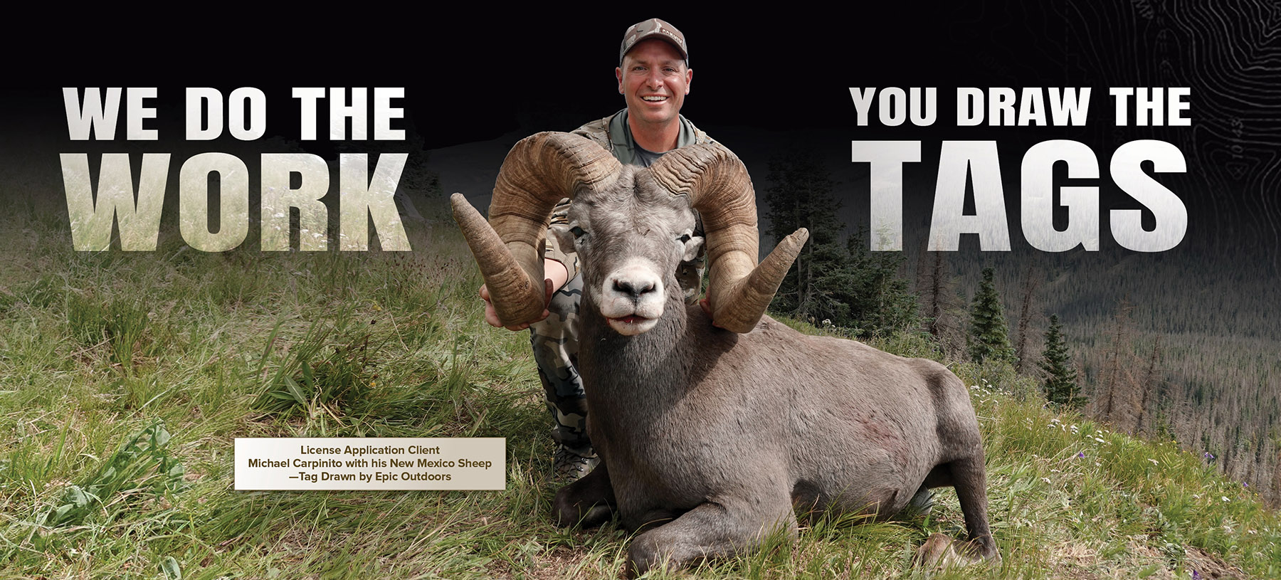 License application client Michael Carpinito with his New Mexico bighorn sheep, tag drawn by Epic Outdoors